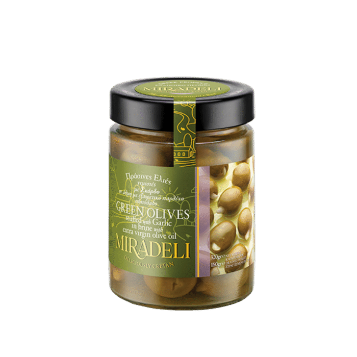 Zelene masline punjene bijelim lukom – 320g (tegla)