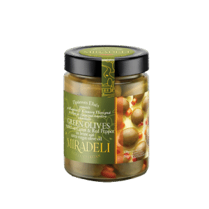 Zelene masline punjene šargarepom i crvenom paprikom – 320g (tegla)