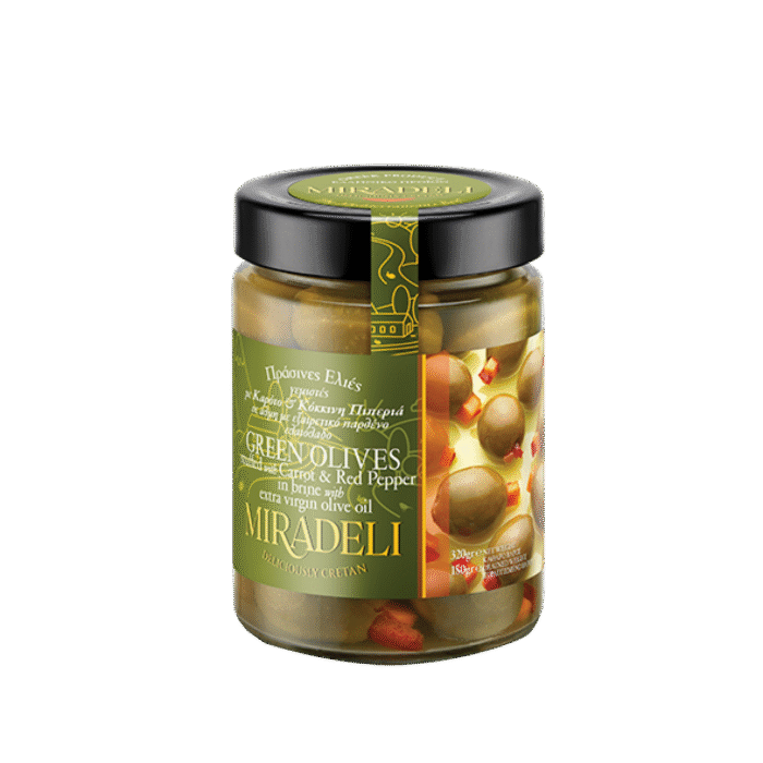 Zelene masline punjene šargarepom i crvenom paprikom – 320g (tegla)