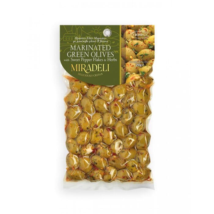 Marinirane zelene masline sa slatkim čilijem i začinskim biljem – 250g (vakum pakovanje)