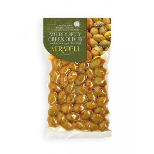 Blago ljute zelene masline s crvenom čili paprikom – 250g (vakum pakovanje)